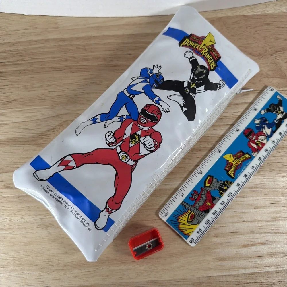 Vintage 1993 Mighty Morphin' Power Rangers White Pencil Case Zip Pouch Ruler